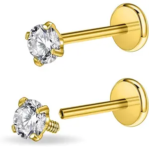PunkTracker 16g/18g Surgical Steel Internal Thread CZ Stud Piercing Jewelry for Tragus/Nose/Helix/Conch/Medusa/Lip/Labret - Helix Tragus Cartilage Earring for Women Men 2PCS