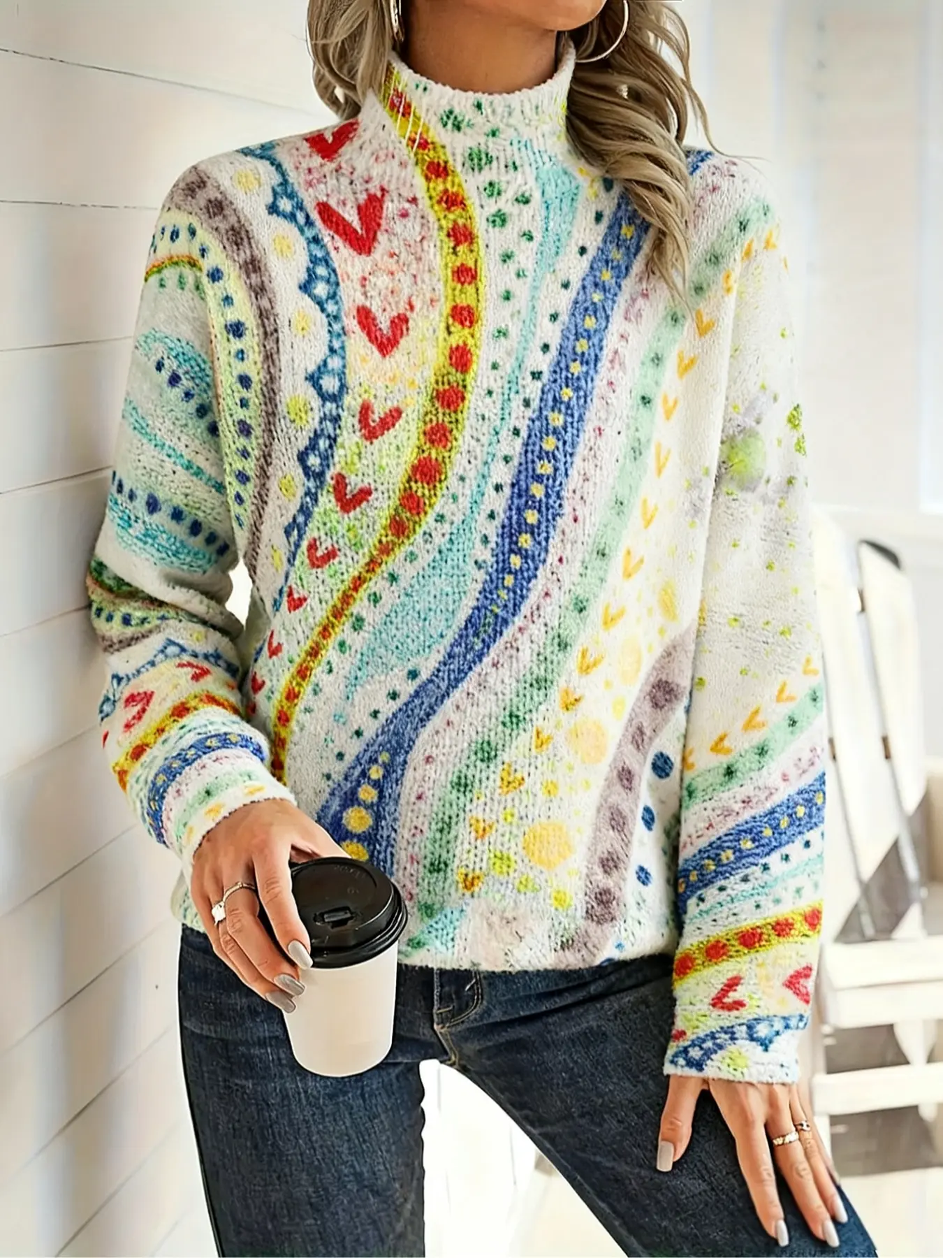 Women's Vintage Boho Colorful Geometric Heart High Neck Knit Sweater, Loose Casual Long Sleeve Pullover, Trendy Fall & Winter Top