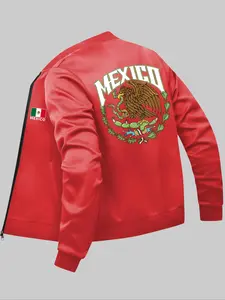 Men's Mexico Flag & Eagle Print Zip Up Bomber Jacket, Casual Comfy Regular Fit Long Sleeve Mock Neck Outerwear for Daily Wear, Men's Clothes for All Seasons