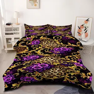 2/3pcs Comforter Set - Luxury Leopard & Gold Baroque Comforter Set, Elegant Purple Floral Bedding Set for Modern Bedroom Decor, Stylish Aesthetic Home Bedding Collection for Master Bedroom, Dorm, and Guest Room Refresh Pillow Insert Not Included