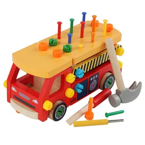 Wooden Fire Truck Montessori Toys for Toddlers 62PCS Take Apart Construction Tool Set STEM Educational Hammer Toy for Kids Ages 2-5 Fine Motor Skills Hand-Eye Coordination Problem-Solving