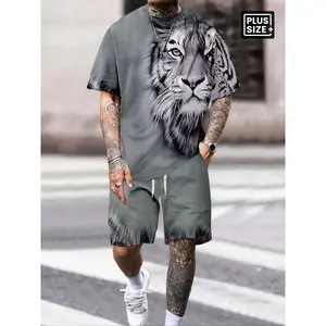 ��Plus Size�� Men's Lion Print Tee & Shorts Set, Regular Fit Casual Round Neck Short Sleeve T-shirt & Track Shorts, Men's Summer Clothes
