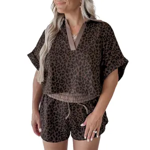 V Neck Collar Leopard Printed 2pcs Short Set