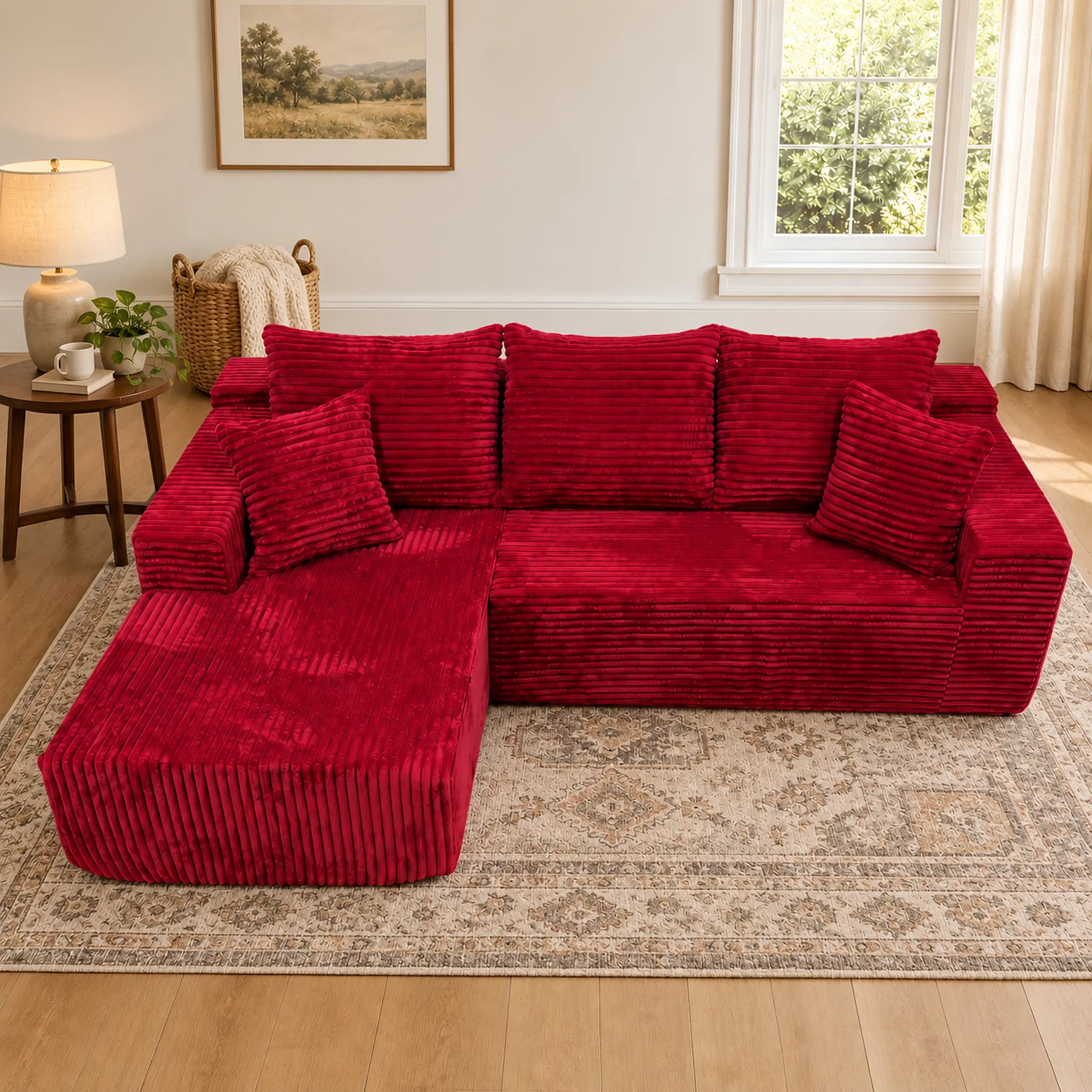 96" Crimson Red L-Shaped Modular Chenille Sectional Sofa for Living Room - 94x59" Striped Corduroy Oversized Couch, Soft Plush Upholstered with Chaise, Deep Seats, Flexible Combination, Unboxed, No Assembly Required