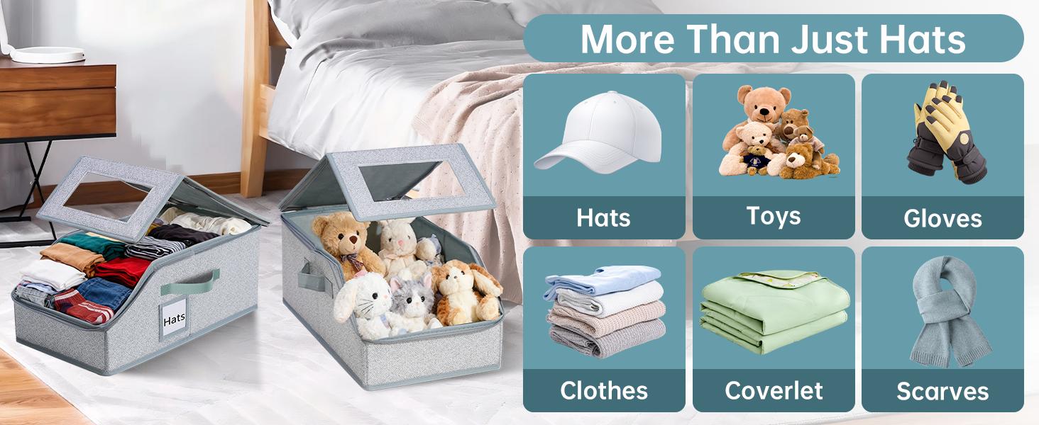 2 PCS Stackable Hat Storage for Baseball Caps – Holds up to 24 Caps Hat Organizer for Closet, Sturdy Snapback Boxes for Men with Cardboard, Stackable Hat Box in Breathable Linen Fabric, Clear Window Closet Storage, Keeps Hats Clean & Organized, Grey