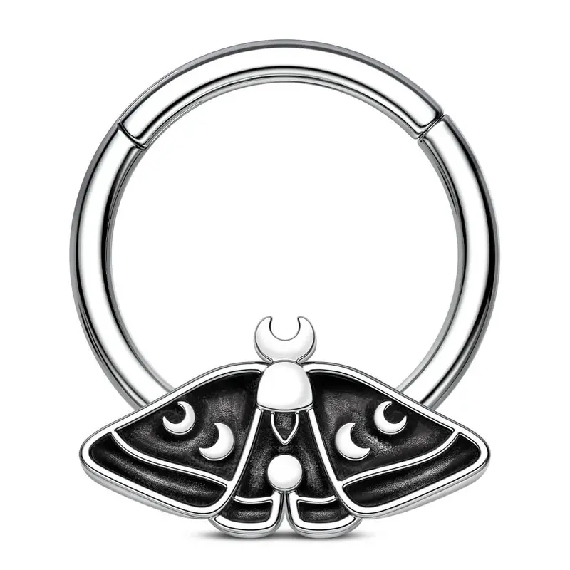 OUFER 16G 10mm 316L Stainless Steel Hinged Segment Hoop Septum Ring - Mystical and Serene Celestial Moon Wing Moth Crescent Wing Jewelry, Daily Nose Piercing Unique Accessories with Natural Grace