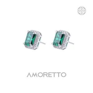 AMORETTO 18K Gold Plated Brass Emerald Green Stud Earrings Rectangular Emerald Cut Bezel Halo Minimalist Jewelry for Youth
