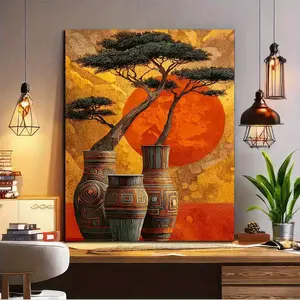 One canvas wall painting of African pine trees and vases - vibrant sunset colors, art deco style frameless artwork, suitable for living room, bedroom, and office decoration - ideal gift for Thanksgiving, Christmas, and New Year's.