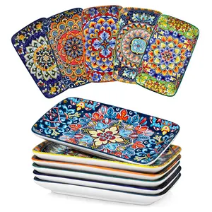 vancasso Simi Serving Platters & Plates Set – 3 Piece Rectangular Trays or 6 Piece Dinner Plates, Bohemian Ceramic Dish Set for Entertaining, Microwave & Dishwasher Safe Porcelain Dinnerware