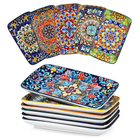 vancasso Simi Serving Platters & Plates Set – 6 Piece Dinner Plates or 3 Piece Rectangular Trays, Bohemian Ceramic Dish Set for Entertaining, Microwave & Dishwasher Safe Porcelain Dinnerware