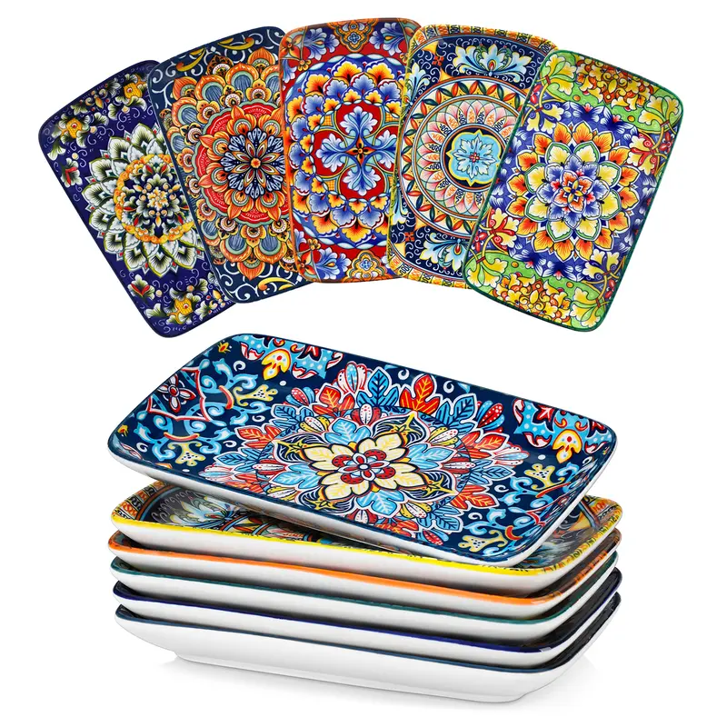 vancasso Simi Serving Platters & Plates Set – 6 Piece Dinner Plates or 3 Piece Rectangular Trays, Bohemian Ceramic Dish Set for Entertaining, Microwave & Dishwasher Safe Porcelain Dinnerware