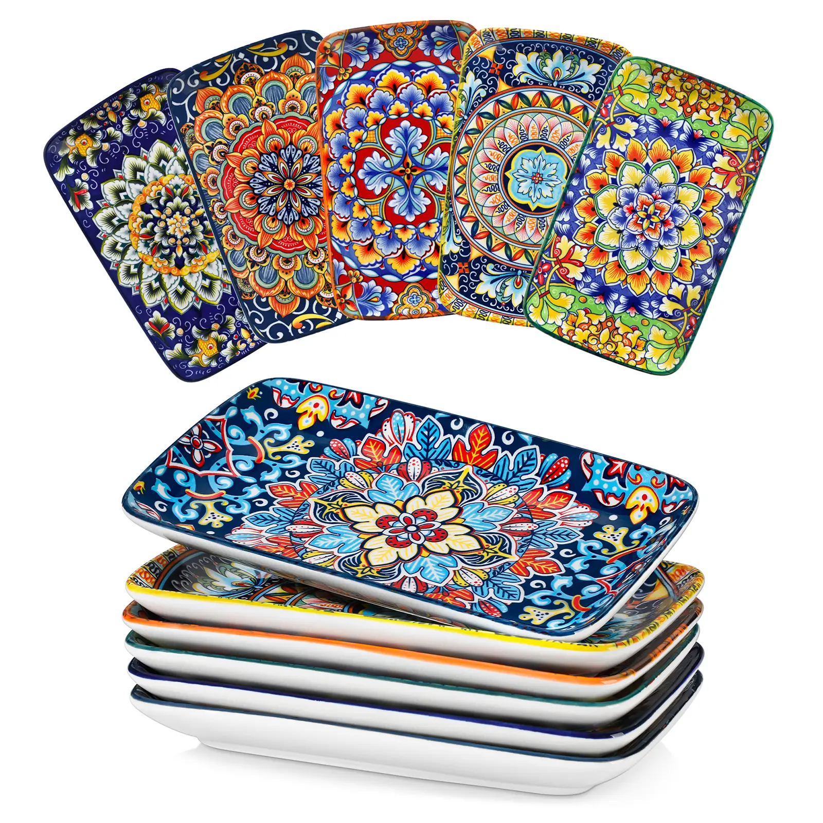 vancasso Simi Serving Platters & Plates Set – 3 Piece Rectangular Trays or 6 Piece Dinner Plates, Bohemian Ceramic Dish Set for Entertaining, Microwav