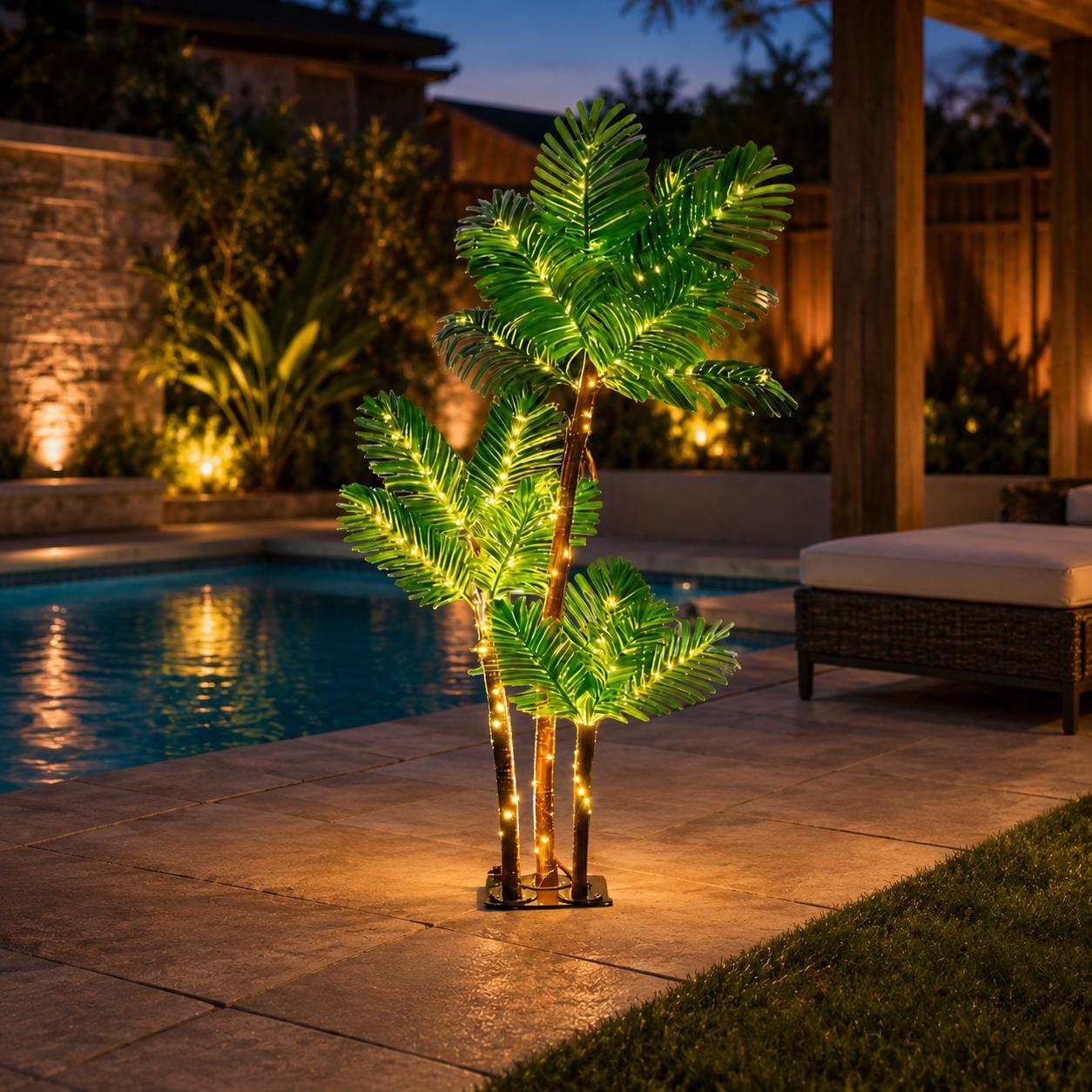 5-foot or 6-foot plastic LED faux palm tree — plug-in colorful outdoor landscape ambient light, tree-shaped Hawaiian-themed decor, suitable for outdoor patios, holiday parties, outdoor landscape lighting, and ambient lighting