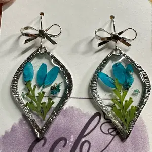 Handmade Resin/ Pressed Flower Earrings (Blue Flowers) Silver Overlay