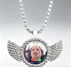 John Pork Is Calling Necklace, Bling Rhinestone Wings Pig Meme Pendant, Trendy Unisex Chain Jewelry Funny Gift for Meme Fans Pig Lovers Teen Women Men