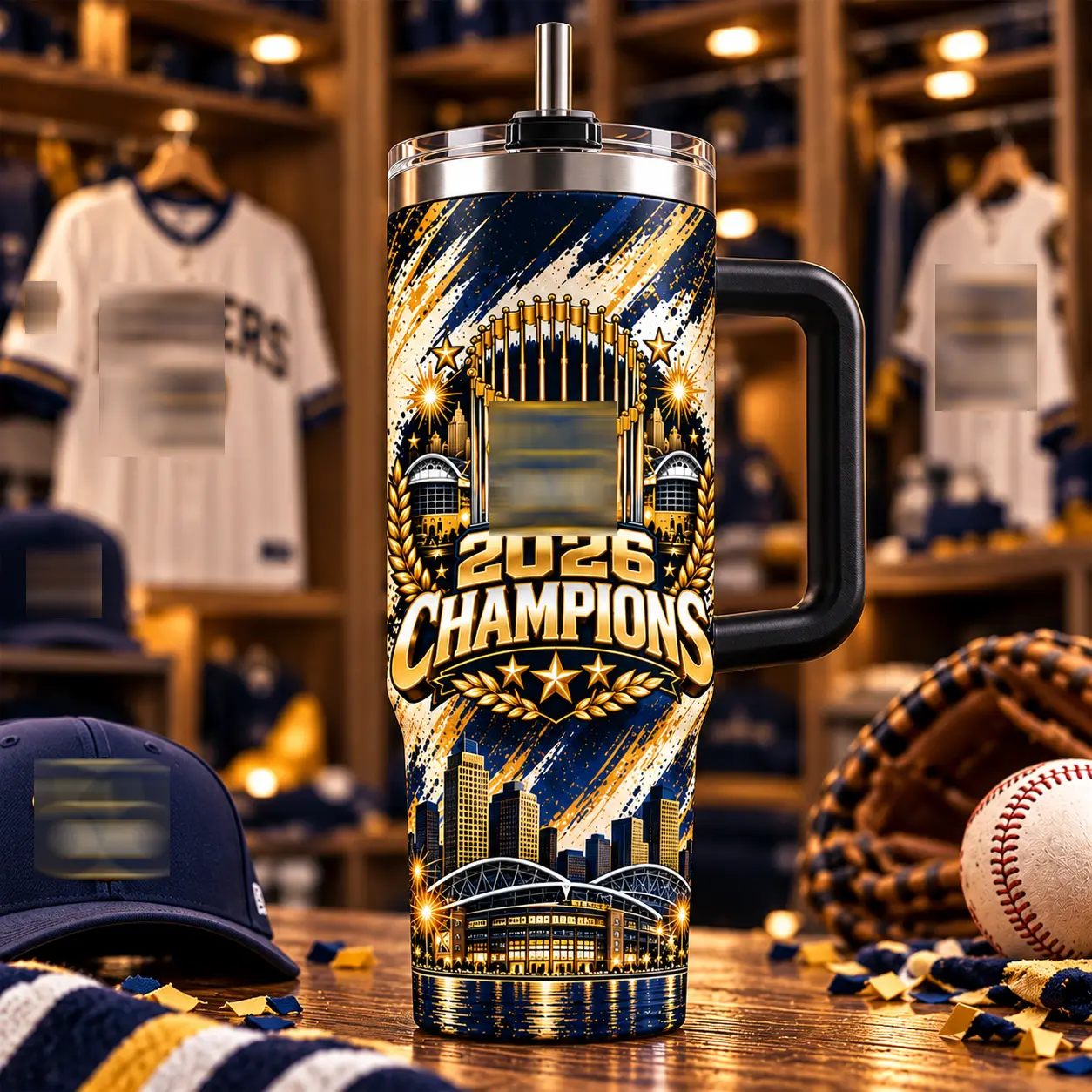 OceanSip4U Brewers 2026 Champions Design 40oz Tumbler with Handle and Straw, Blue Gold Insulated Travel Cup, World Series Inspired Graphic, Game Day Drinkware, Gift for Baseball Fans
