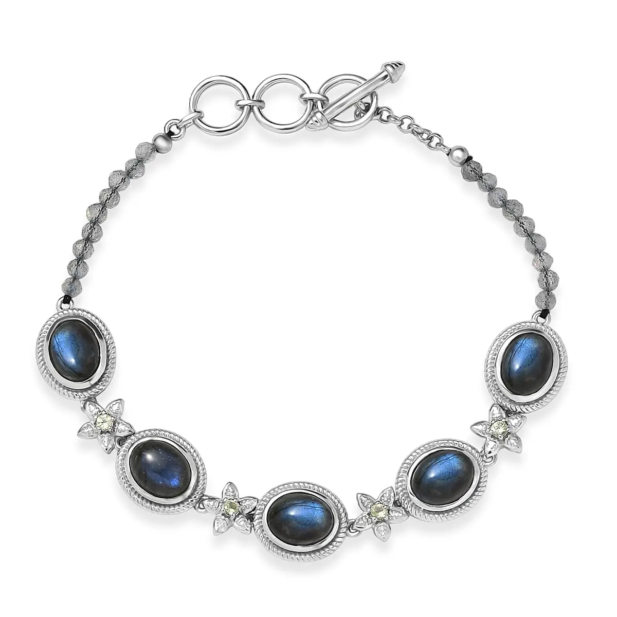EverTrue Malagasy Labradorite and Peridot 36.90 ctw Bloomline Bracelet in Platinum Bond (7.25 In)