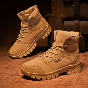 Neutral High-Top Tactics Hiking Boots-Solid Color round Toe, Canvas Upper, Cloth Inner Lining, TPR Sole, Cloth Insole, Breathable Combat Outdoor Boots-No Printing (1 Pair)