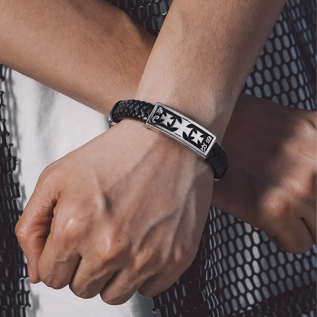 FaithHeart Mens Black Leather Braided Wristband with Pendant Gothic Punk Leather Cuff Charm Bracelet Wristband with Stainless Steel Buckle -Gift Packed