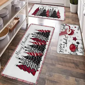 2/3pcs Christmas Kitchen Carpet Floor Mat, Buffalo Grid Christmas Tree Merry Christmas, Snowman Pattern Anti slip Flannel Floor Mat, Suitable for holiday kitchens, entrance doors, laundry rooms, bathroom, living rooms, Christmas decor, Soft Washable Rugs