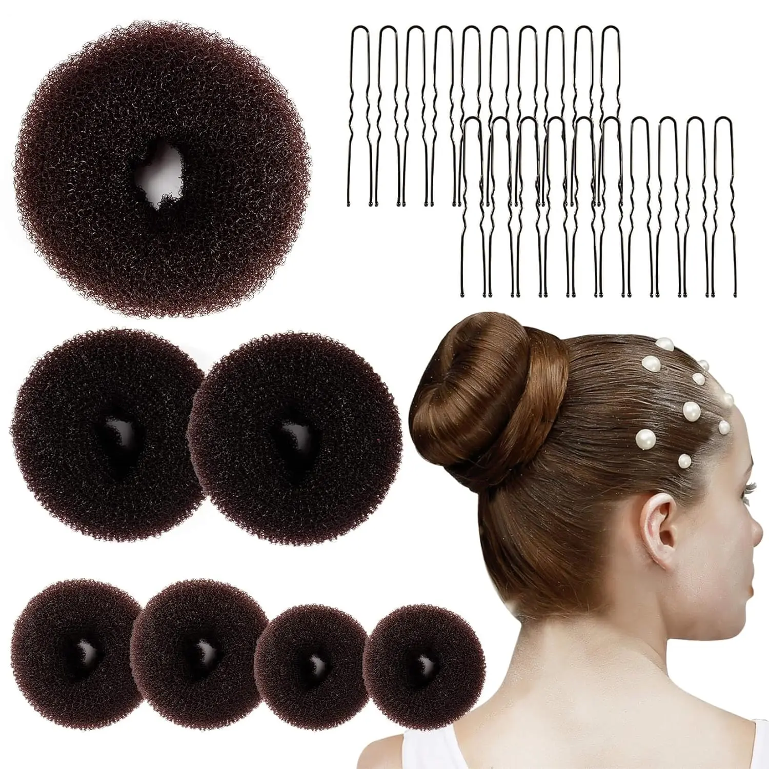 Hair Donut Bun Maker Kit - Updos Sock for Long Hair, Bun Holder with Hair Clips (1 Extra Large, 2 Large, 2 Medium, 2 Small) Haircare Heatless