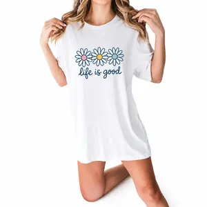 Women's Cotton Crew Neck Daisy Print Short-Sleeve T-Shirt - Pastel White, Simple Positive Quote Oversized Casual Top, Everyday Spring Summer Outfit, Mom Flower Lover Gift