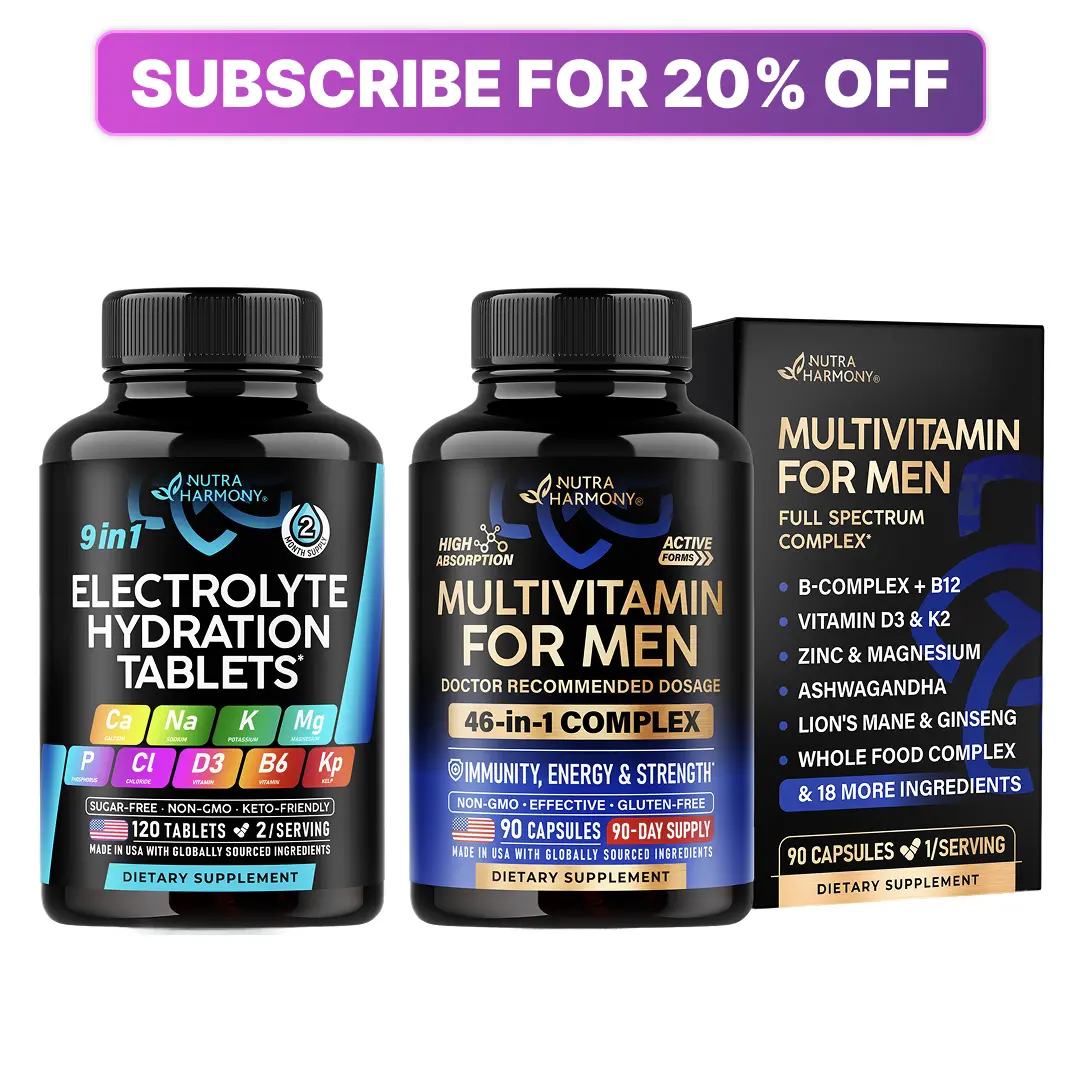 Men's Total Wellness Bundle | Multivitamin 46-in-1 B-Complex Whole Foods & Enzymes for Energy Focus Brain + Electrolyte Hydration Tablets with Magnesium Potassium Sodium D3 B6 & Kelp | Vegan Keto Friendly | Gentle on Stomach | Made in USA