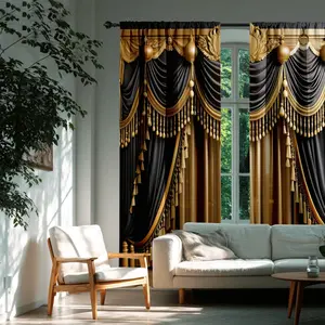 Luxurious Gold Tassel Ball Curtains, High-Quality Polyester, Durable and Eco-Friendly, Perfect for Bedroom and Living Room Decor, Window Curtain