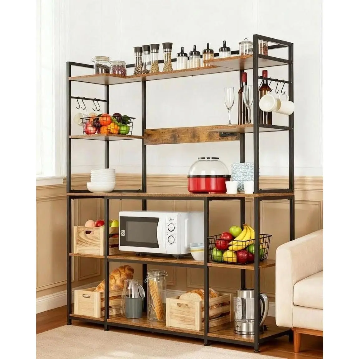 YJ-Garvee Large Kitchen Bakers Rack with Power Outlet , 55"X66" Coffee Bar Cabinet , 4-Tier Storage Shelf , s-Hooks,  Microwave Stand with Shelves for Spices, Pots, Appliances