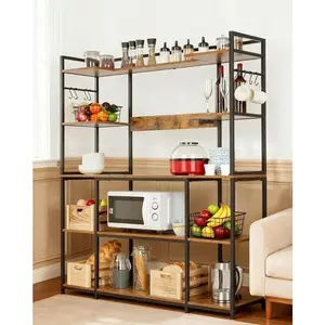 YJ-Garvee Large Kitchen Bakers Rack with Power Outlet , 55"X66" Coffee Bar Cabinet , 4-Tier Storage Shelf , s-Hooks,  Microwave Stand with Shelves for Spices, Pots, Appliances