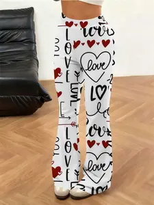 Comfortable High-Waisted Yoga Pants, All-Season Casual Home Wear, Love Letter Heart Pattern Full Print Long Pants