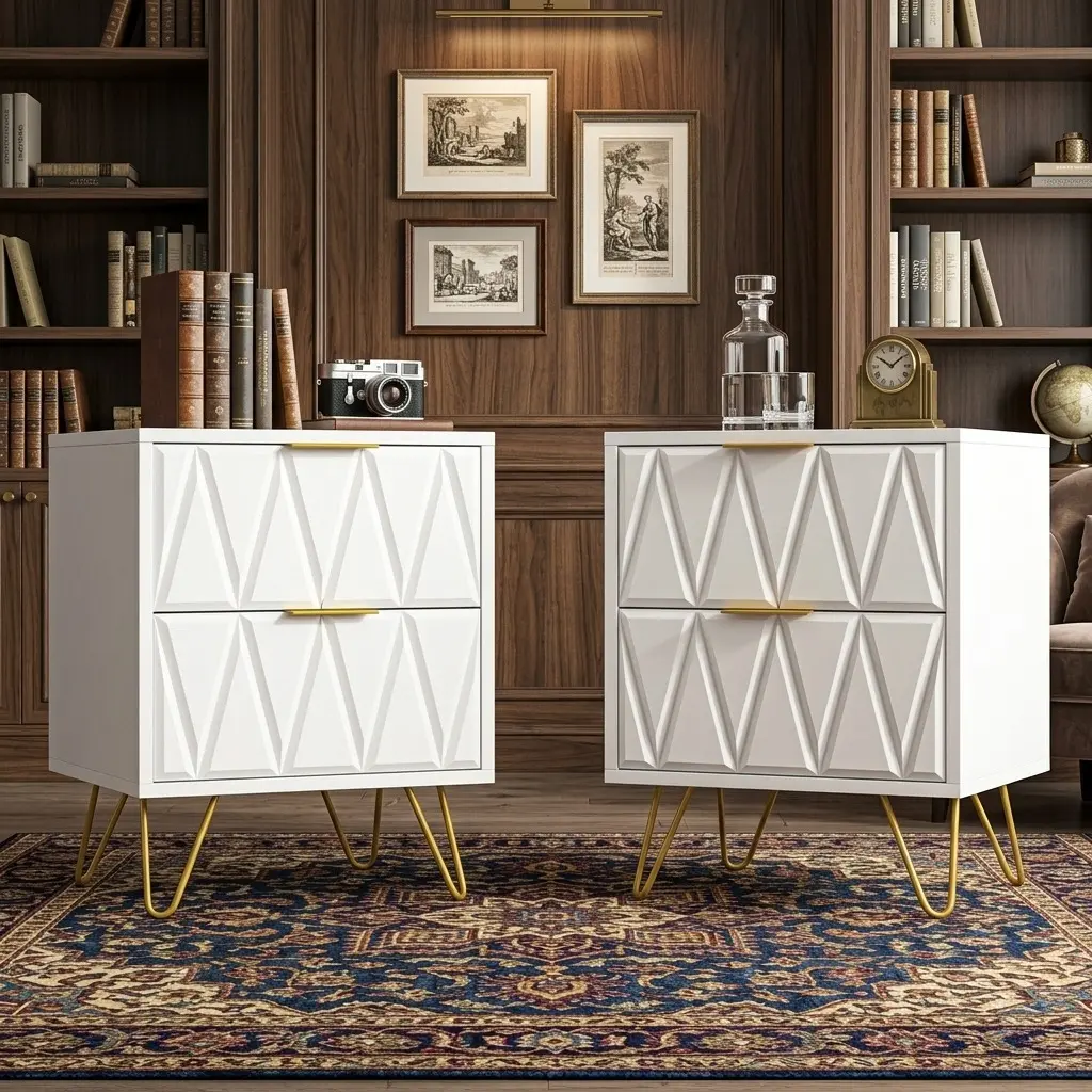Elegant Gold-Toned Modern Farmhouse Table Set of 2, 2-Drawer Engineered Wood Nightstands with Metal Legs & Carved Lines for Bedroom, Living Room Decor