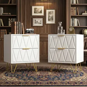 Modern Nightstand Set of 2, 2 Drawers Storage End Table, Elegant Bedside Cabinet with Golden Metal Legs, Multi-Purpose Side Table for Bedroom Living Room Home Decor