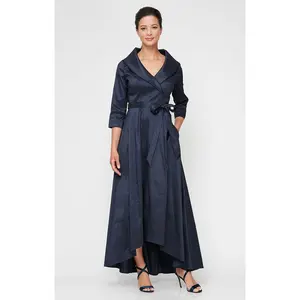 Portrait Collar Stretch Taffeta Dress with High Low Hem and Tie Belt