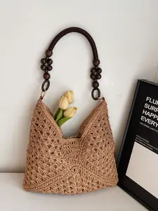 Women's Hollow Out Large Capacity Woven Bag, Wooden Handle, Essential Beach Accessory, Fashionable Versatile Elegant Summer Straw Bag