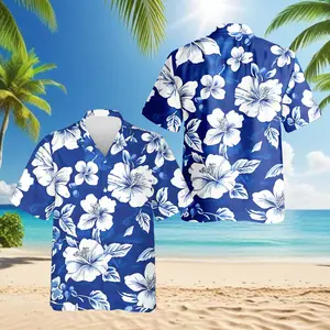 Tropical Hibiscus Blue Hawaiian Shirt for Men Women, Button Down Summer Beach Short Sleeve, Sizes S-5XL