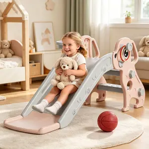 BIERUM 4-in-1 Toddler Slide, Puppy Shaped Playset for Age 1-3, Indoor Outdoor Kids Slide with Basketball Hoop & Ring Toss, Pink Gray