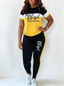 Plus Size Women's 'blessed Beyond Measure' Print Colorblock Sporty Casual Two-Piece Set, Suitable for Outdoor Walking, Sports Casual Wear, Sport Casual Outfit