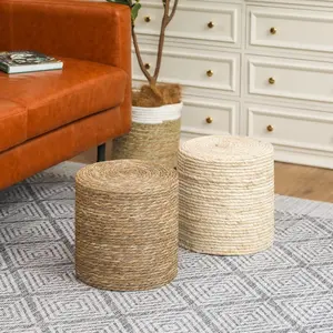 Adeco 11.81" Foot Stool Ottoman Set of 2, Natural Straw Hand Weave Boho Round Pouf for Couch Desk, Soft Step Stool Padded Foot Rest Mix Color with Wood Frame for Living Room, Bedroom, Entryway