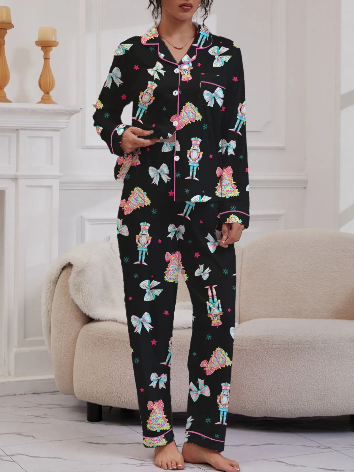 【Christmas】Women's Christmas Pajama Set, Casual Cartoon Style Snowflake Santa Gingerbread Print, Long Sleeve Lapel Top & Elastic Pants