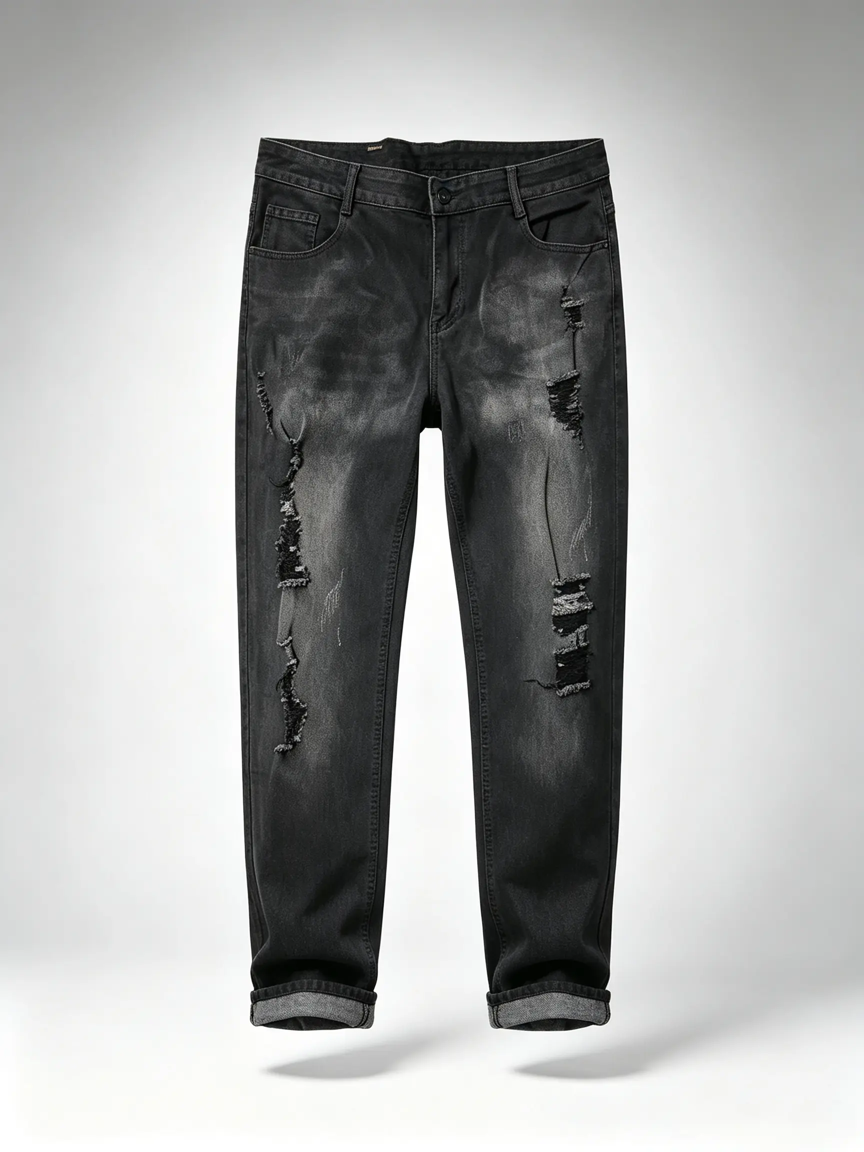 Men's Slim Fit Ripped Jeans, Skinny Cut in Soft Stretch Denim Fabric with Distressed Details and 5 Pockets, Smooth, Zipper, Fashion, Streetwear