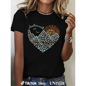 Women’s Travel and Camping Tee – Adventure Awaits Mountain Print