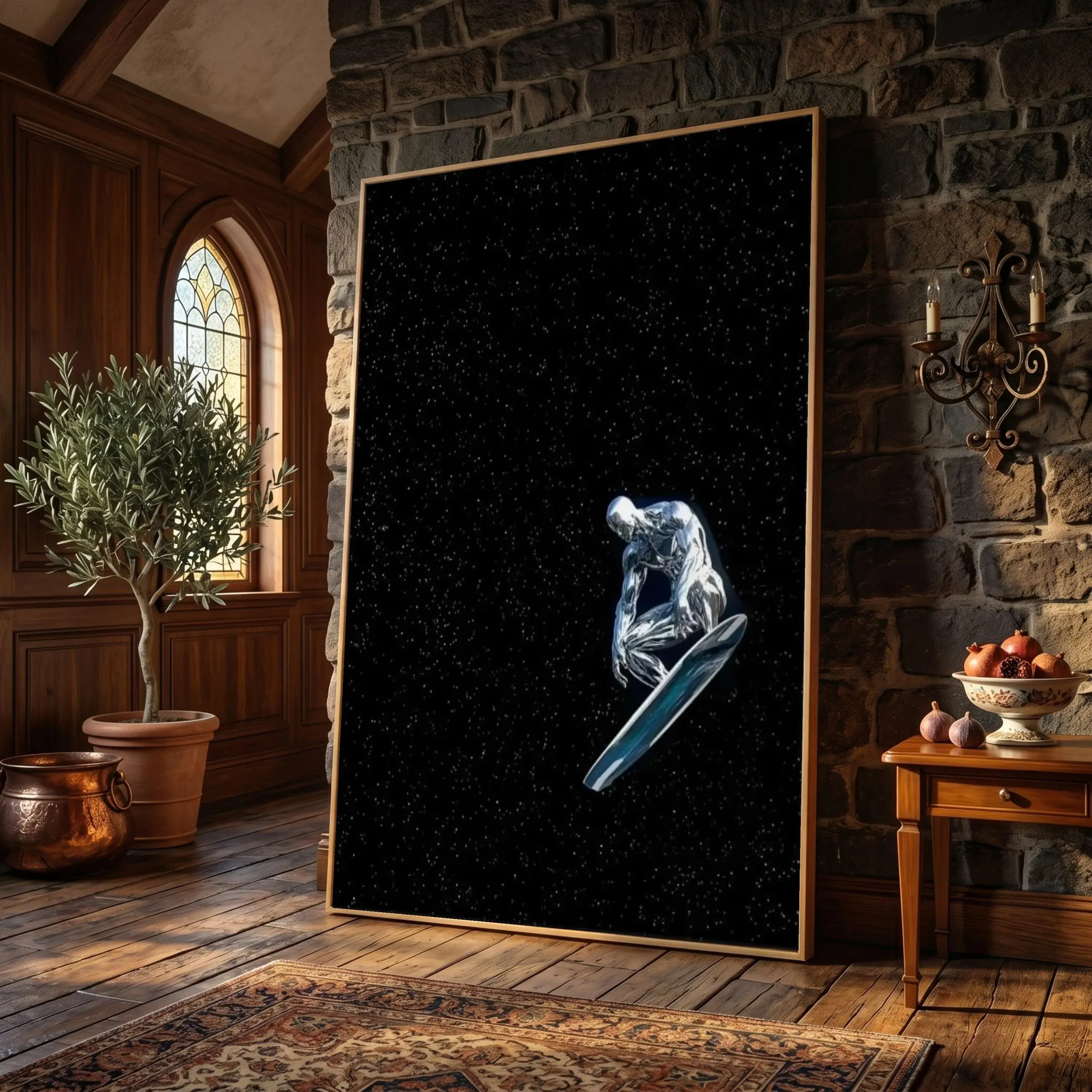 Futuristic Silver Surfer Canvas Art Space Skateboarding Decor Sci Fi Metallic Figure Ready to Hang Unframed Poster
