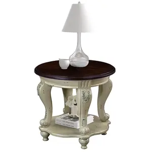 22" Two Tone Round End Table, Solid Wood Sofa Side Table with Shelf, Living Room Corner Table Easy Assemble, Beige and Espresso Top