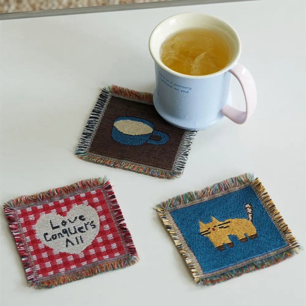 Vintage Textile Crafts Boho Woven Cup Coaster with Tassel Non-Slip Heat Resistant Drink Coasters CuteCoffee Tea Mug Mat Table Beer Protection Pad for Home Kitchen Desktop Decor Decorative Coaster