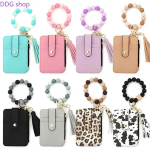 Women Boho Style Keychain Wristlet,  Anti-Theft Credit Card Holder, Floral Tassel PU Leather Multi Slot Wallet, Gorgeous Accessory for Bag & Keys, Ideal Holiday & Daily Gift
