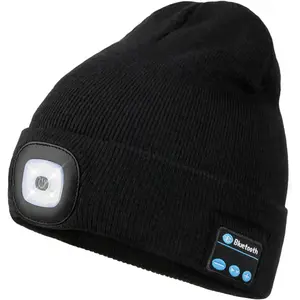 Bluetooth Beanie with a Light, Unisex USB Rechargeable 4 LED Fashlight Hat with Cordless Headphones, Unique Christmas Birthday Gifts for Men Him Husband Teen Black