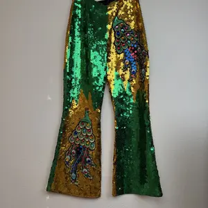 #181Luna Sparkle Peacock Sequin Pants Green & Gold Glitter Flare Trousers