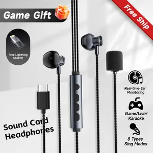 Free delivery Sound Card Karaoke Headset with In-ear Monitoring|8 Types Singing Mode|PC Game Headset|Wired earphones suitable for live, karaoke, gaming, chatting| Noice Cancelling Mic,Perfect Gift for Esports Gamers