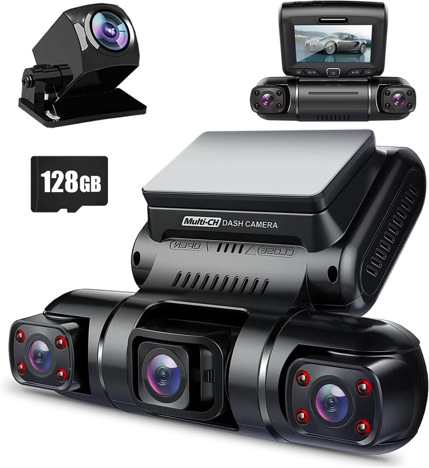 PRUVEEO 360-Degree View 4-Channel Automotive Driving Recorder - Front, Rear, Left, Right & Inside Lenses, Built-in GPS WiFi Night Vision, 24/7 Parking Mode, Free 128G Card, Car-Mounted HD Video Surveillance Kit, Infrared Lights